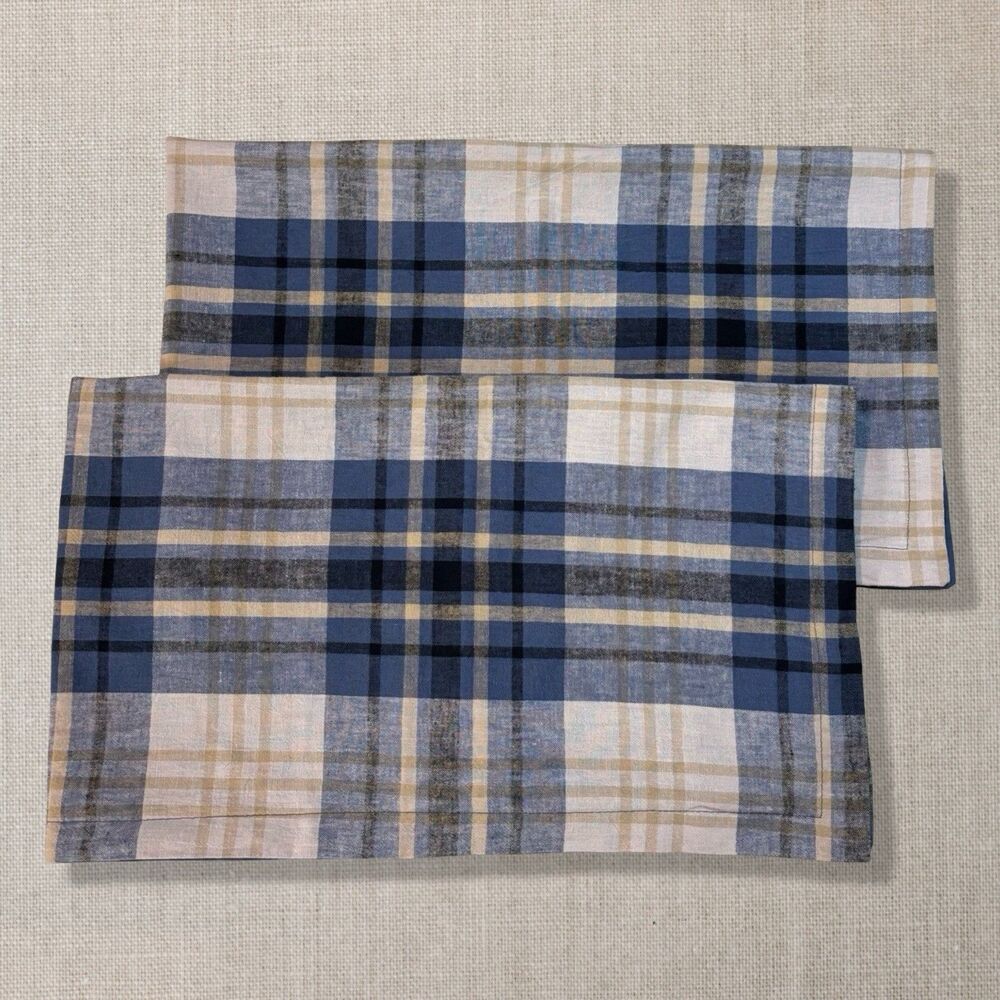 Cremieux Plaid King Pillowcases Set 2 Blue Tan Linen Blend 20x36